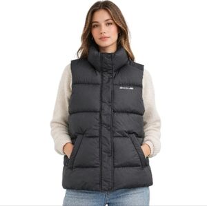 Roots Down Puffer Vest Snap Front High Collar Black Women's Small
